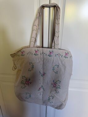Sezane Cream Canvas Tote with Pink Floral Embroidery